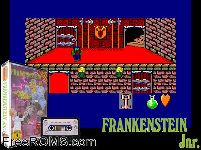 Frankenstein Junior (UK) (1987) Amstrad CPC game showing 3D box cover and gameplay screenshot
