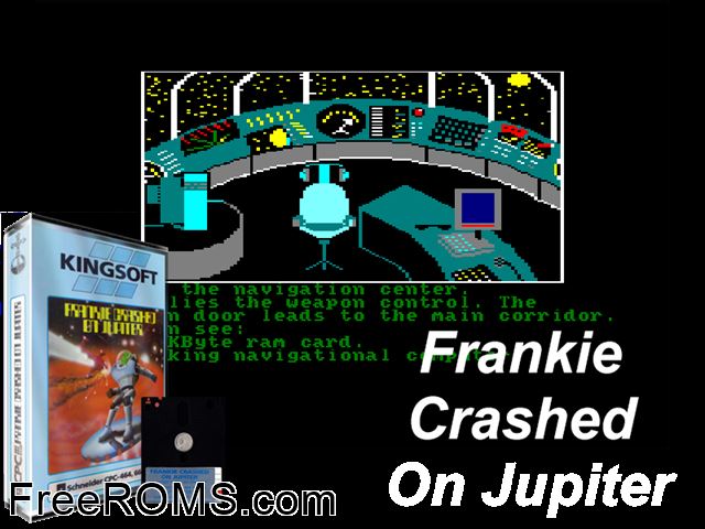 Frankie Crashed on Jupiter (UK) (1985) Amstrad CPC game showing 3D box cover and gameplay screenshot
