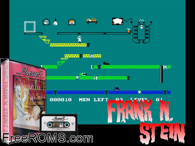 Frank 'N' Stein (UK) (1985) Amstrad CPC game showing 3D box cover and gameplay screenshot