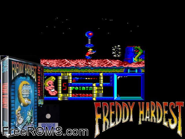 Freddy Hardest (S) (1987) Amstrad CPC game showing 3D box cover and gameplay screenshot