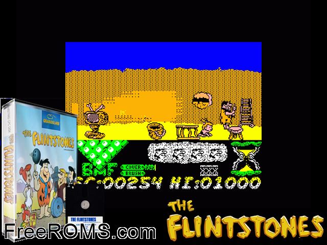 Fred Flintstone (UK) (19xx) Amstrad CPC game showing 3D box cover and gameplay screenshot
