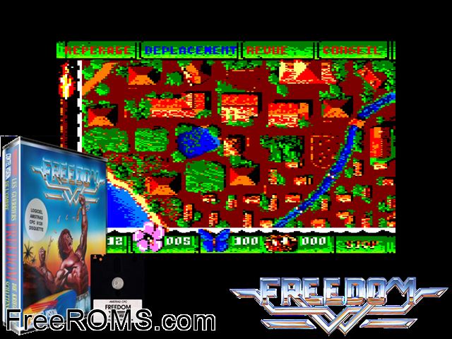 Freedom (F) (1988) (Disk 2 of 2) Amstrad CPC game showing 3D box cover and gameplay screenshot
