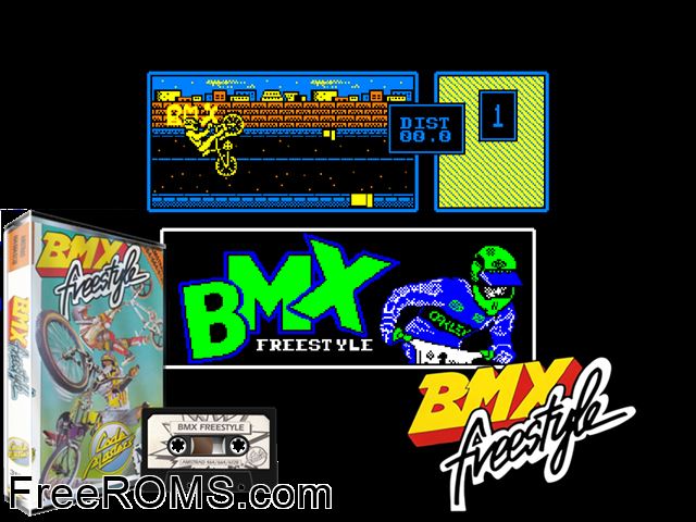 Freestyle BMX Simulator (UK) (19xx) Amstrad CPC game showing 3D box cover and gameplay screenshot