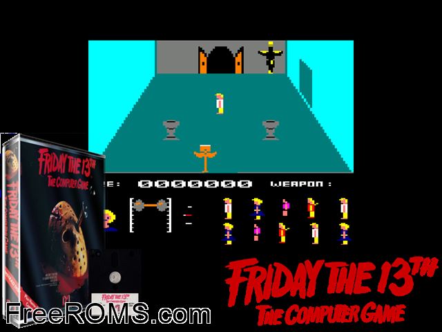 Friday The 13th (UK) (1986) Amstrad CPC game showing 3D box cover and gameplay screenshot