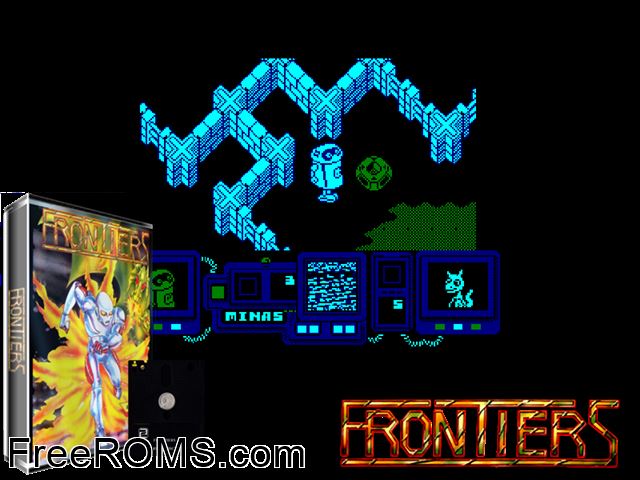 Frontiers (S) (1988) Amstrad CPC game showing 3D box cover and gameplay screenshot