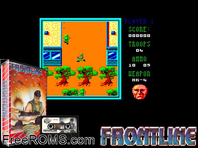 Front Line (UK) (1988) Amstrad CPC game showing 3D box cover and gameplay screenshot