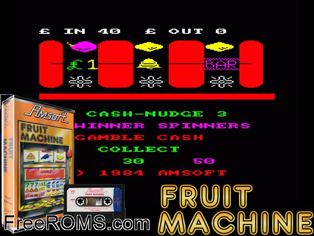 Fruit Machine (UK) (1984) Amstrad CPC game showing 3D box cover and gameplay screenshot