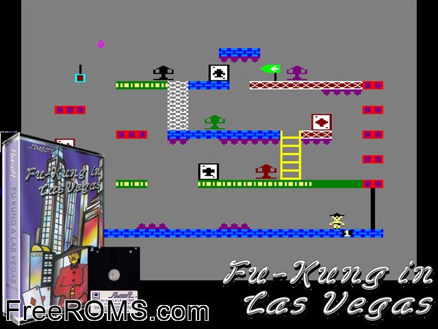 Fu-Kung in Las Vegas (UK) (1985) Amstrad CPC game showing 3D box cover and gameplay screenshot