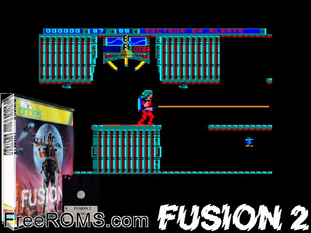 Fusion 2 (F) (1988) Amstrad CPC game showing 3D box cover and gameplay screenshot