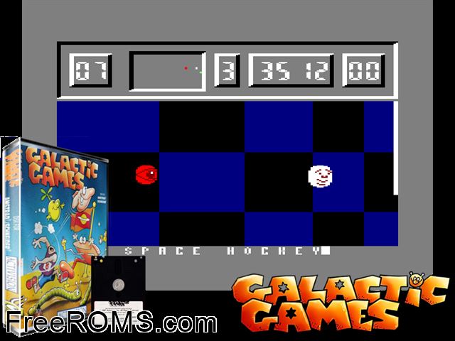 Galactic Games (UK) (1987) (Disk 1 of 2) Amstrad CPC game showing 3D box cover and gameplay screenshot