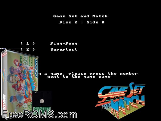 Game Set and Match (UK) (19xx) (Disk 3 of 4) Amstrad CPC game showing 3D box cover and gameplay screenshot
