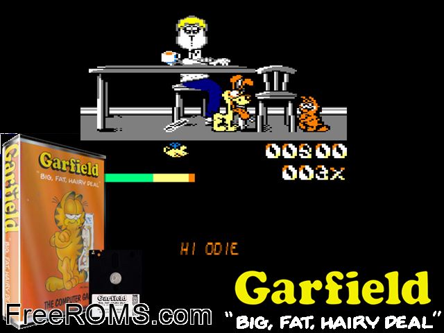 Garfield - Big Fat Hairy Deal (UK) (1988) Amstrad CPC game showing 3D box cover and gameplay screenshot