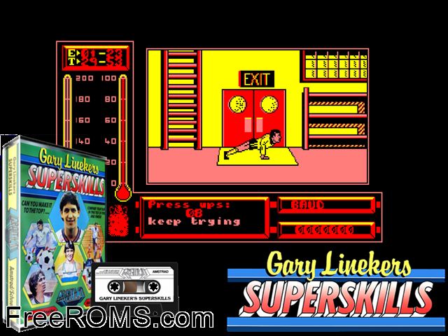 Gary Lineker's Super Skills (UK) (19xx) Amstrad CPC game showing 3D box cover and gameplay screenshot