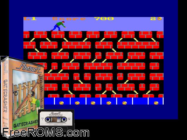 Gatecrasher (UK) (1986) Amstrad CPC game showing 3D box cover and gameplay screenshot