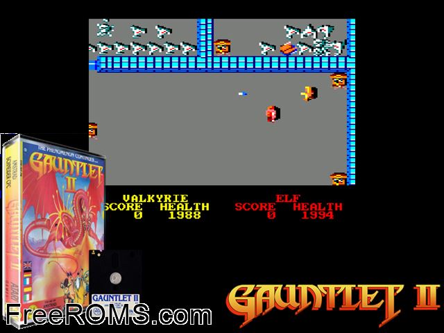 Gauntlet II (UK) (1986) Amstrad CPC game showing 3D box cover and gameplay screenshot