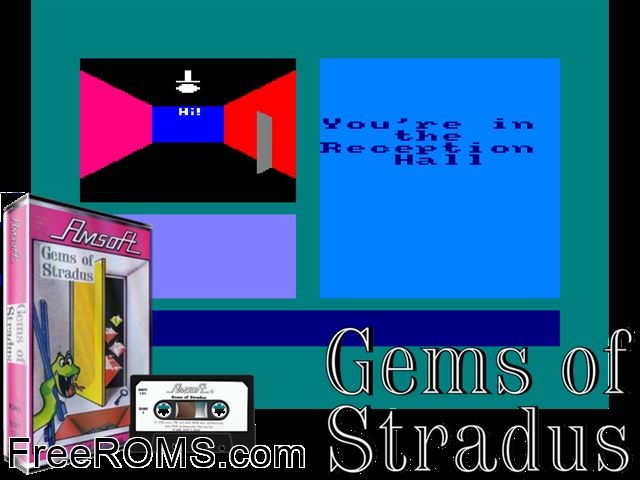 Gems of Stradus (UK) (1985) Amstrad CPC game showing 3D box cover and gameplay screenshot