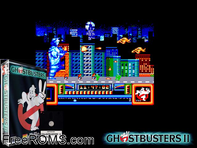 Ghostbusters 2 (UK) (1989) (Disk 1 of 2) Amstrad CPC game showing 3D box cover and gameplay screenshot