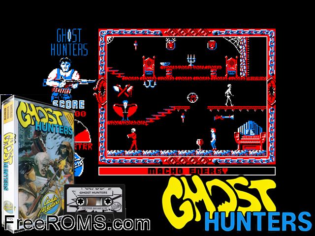 Ghost Hunters (UK) (1987) Amstrad CPC game showing 3D box cover and gameplay screenshot