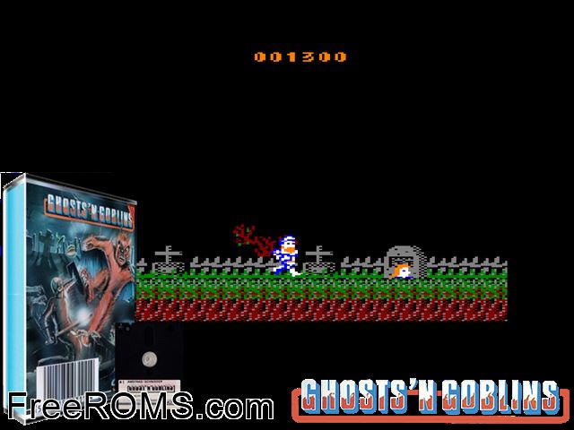 Ghosts 'N' Goblins (UK) (1986) Amstrad CPC game showing 3D box cover and gameplay screenshot