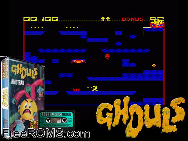 Ghouls (UK) (1985) Amstrad CPC game showing 3D box cover and gameplay screenshot