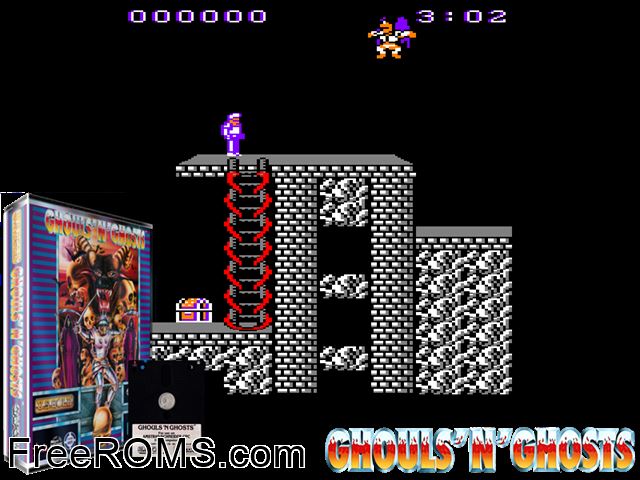 Ghouls 'N' Ghosts (UK) (1989) Amstrad CPC game showing 3D box cover and gameplay screenshot
