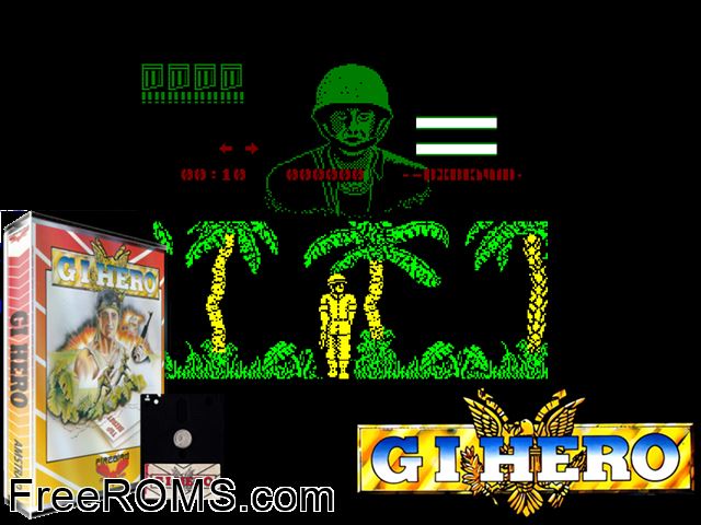 GI Hero (UK) (1988) Amstrad CPC game showing 3D box cover and gameplay screenshot