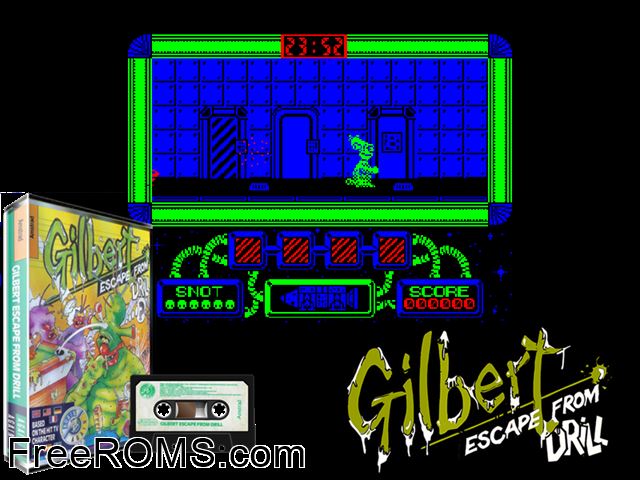 Gilbert Escape From Drill (UK) (1989) Amstrad CPC game showing 3D box cover and gameplay screenshot