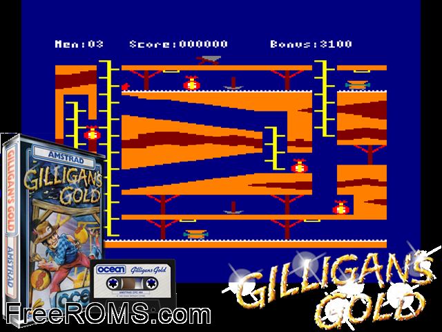 Gilligan's Gold (UK) (1984) Amstrad CPC game showing 3D box cover and gameplay screenshot