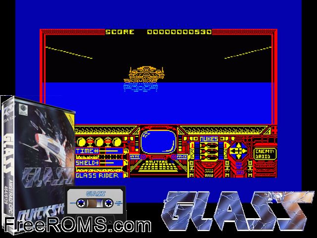 Glass (UK) (1986) Amstrad CPC game showing 3D box cover and gameplay screenshot
