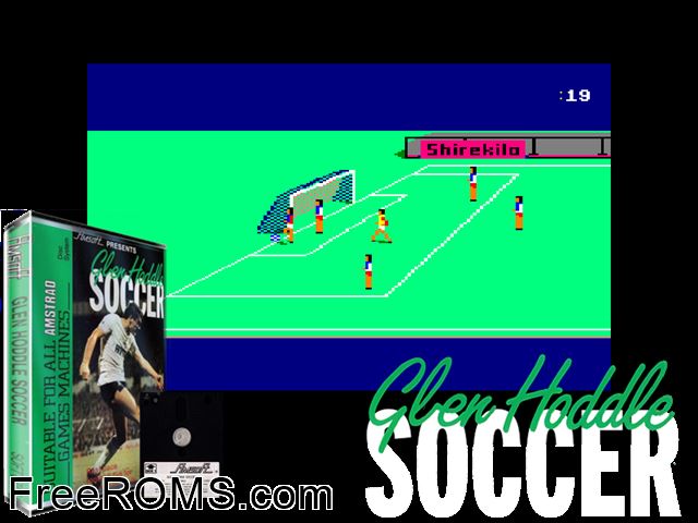Glen Hoddle Soccer (UK) (1985) Amstrad CPC game showing 3D box cover and gameplay screenshot