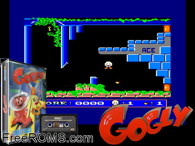 Gogly (S) (1986) Amstrad CPC game showing 3D box cover and gameplay screenshot