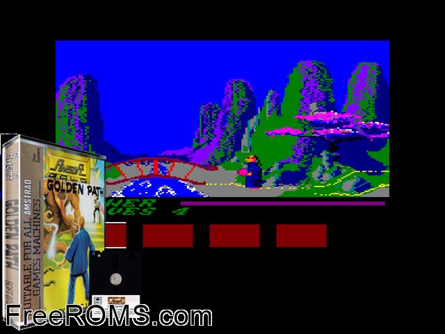 Golden Path (UK) (1986) Amstrad CPC game showing 3D box cover and gameplay screenshot