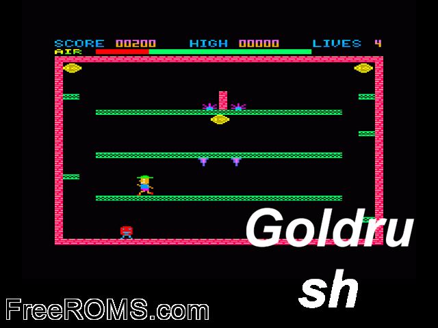 Gold Rush (UK) (1986) (PD) Amstrad CPC game showing 3D box cover and gameplay screenshot