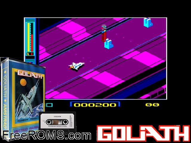 Goliath (F) (1986) Amstrad CPC game showing 3D box cover and gameplay screenshot