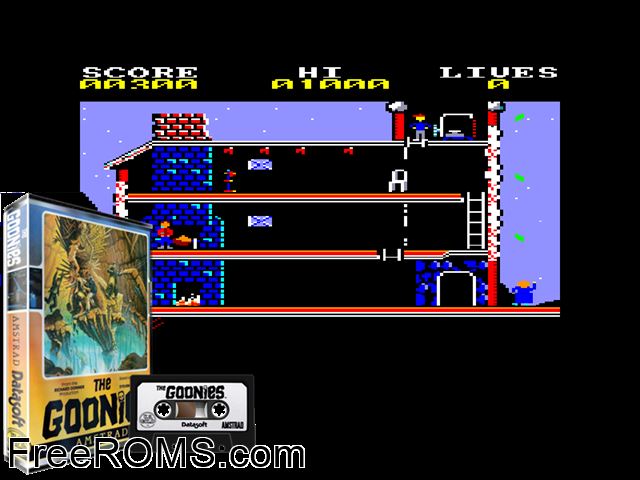 Goonies, The (UK) (1986) Amstrad CPC game showing 3D box cover and gameplay screenshot