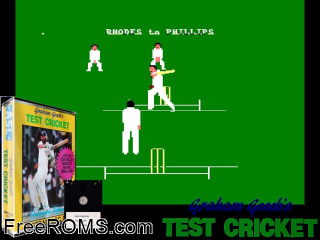 Graham Gooch's Test Cricket (UK) (1985) Amstrad CPC game showing 3D box cover and gameplay screenshot