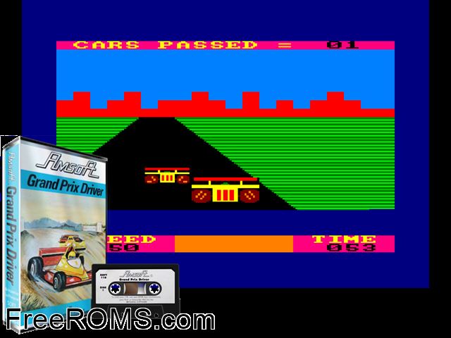Grand Prix Driver (UK) (1984) Amstrad CPC game showing 3D box cover and gameplay screenshot