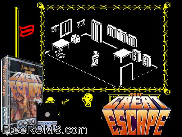 Great Escape, The (UK) (1986) Amstrad CPC game showing 3D box cover and gameplay screenshot
