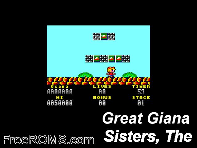 Great Giana Sisters, The (UK) (1988) Amstrad CPC game showing 3D box cover and gameplay screenshot