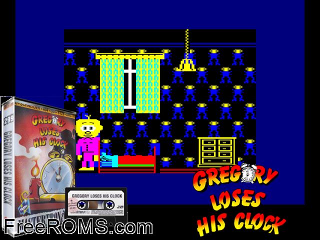 Gregory Loses His Clock (UK) (1985) Amstrad CPC game showing 3D box cover and gameplay screenshot