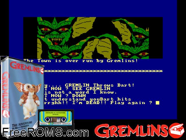 Gremlins - The Adventure (UK) (1983) Amstrad CPC game showing 3D box cover and gameplay screenshot