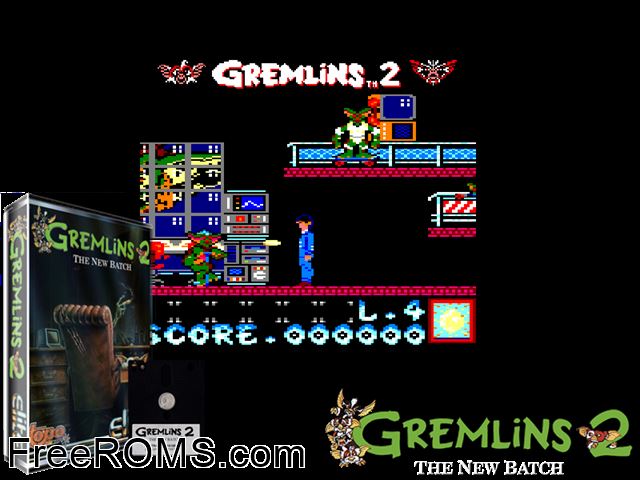 Gremlins 2 - The New Batch (UK) (1990) (Disk 2 of 2) Amstrad CPC game showing 3D box cover and gameplay screenshot