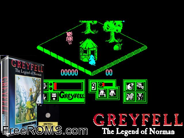 Greyfell (UK) (1987) Amstrad CPC game showing 3D box cover and gameplay screenshot