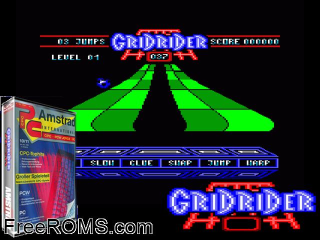 Gridrider (UK) (19xx) Amstrad CPC game showing 3D box cover and gameplay screenshot