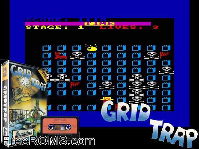 Grid Trap (UK) (19xx) Amstrad CPC game showing 3D box cover and gameplay screenshot