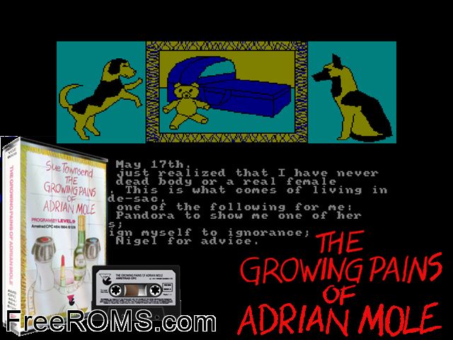 Growing Pains of Adrian Mole, The (UK) (1986) (Disk 1 of 2) Amstrad CPC game showing 3D box cover and gameplay screenshot