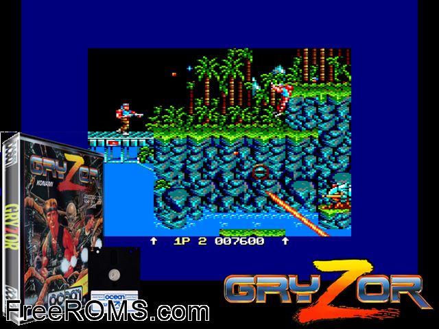 Gryzor (UK) (1987) Amstrad CPC game showing 3D box cover and gameplay screenshot