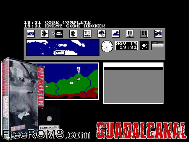 Guadalcanal (UK) (1988) Amstrad CPC game showing 3D box cover and gameplay screenshot