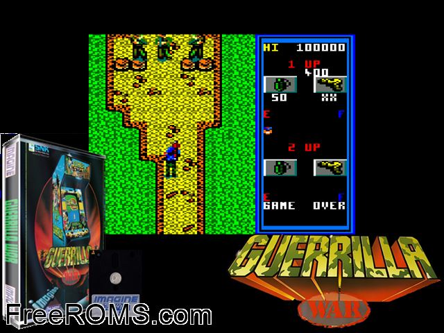 Guerrilla War (UK) (1988) Amstrad CPC game showing 3D box cover and gameplay screenshot