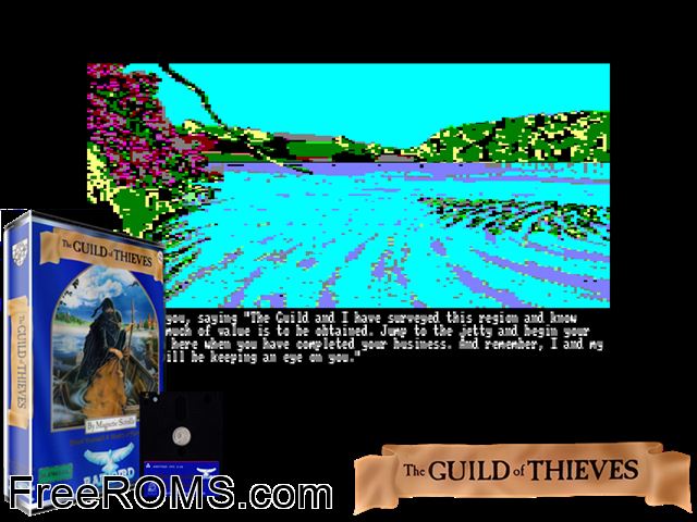 Guild of Thieves, The (UK) (1987) (Disk 1 of 2) Amstrad CPC game showing 3D box cover and gameplay screenshot